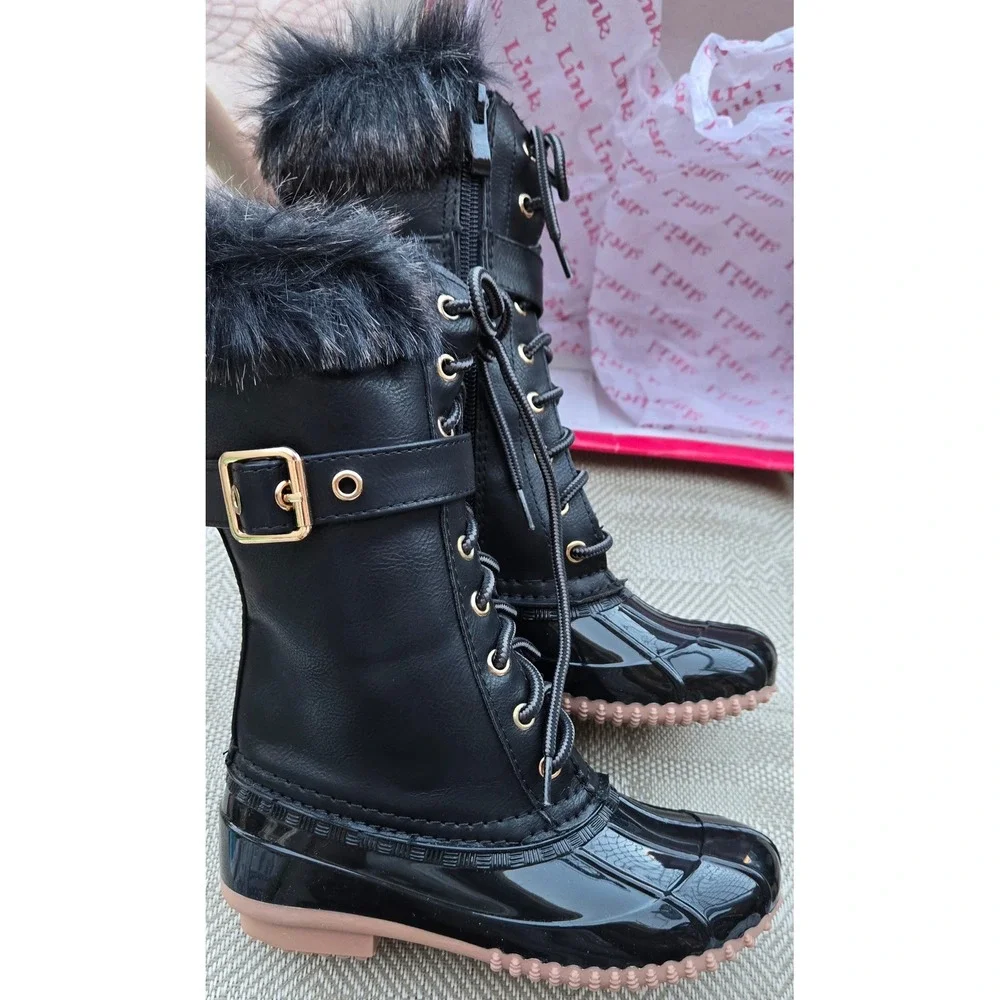 Link Girls Black Duck Boots Faux Fur Trim Winter Snow Shoes Size 13